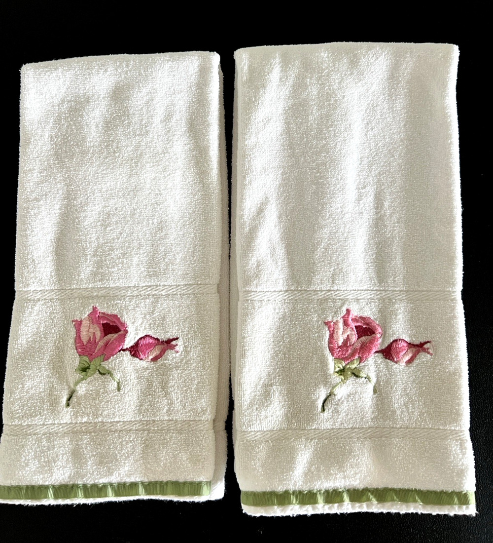 Vintage Springmaid Embroidered Rose Towel Set of 2 Cotton Bath Hand Towels